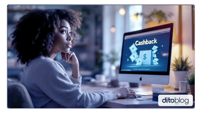 Mulher usando um notebook onde, na tela, está escrito Cashback.