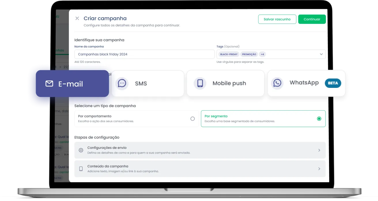 Notebook mostrando na tela a ferramenta de automação de marketing da Dito CRM, o Dito Campanhas.